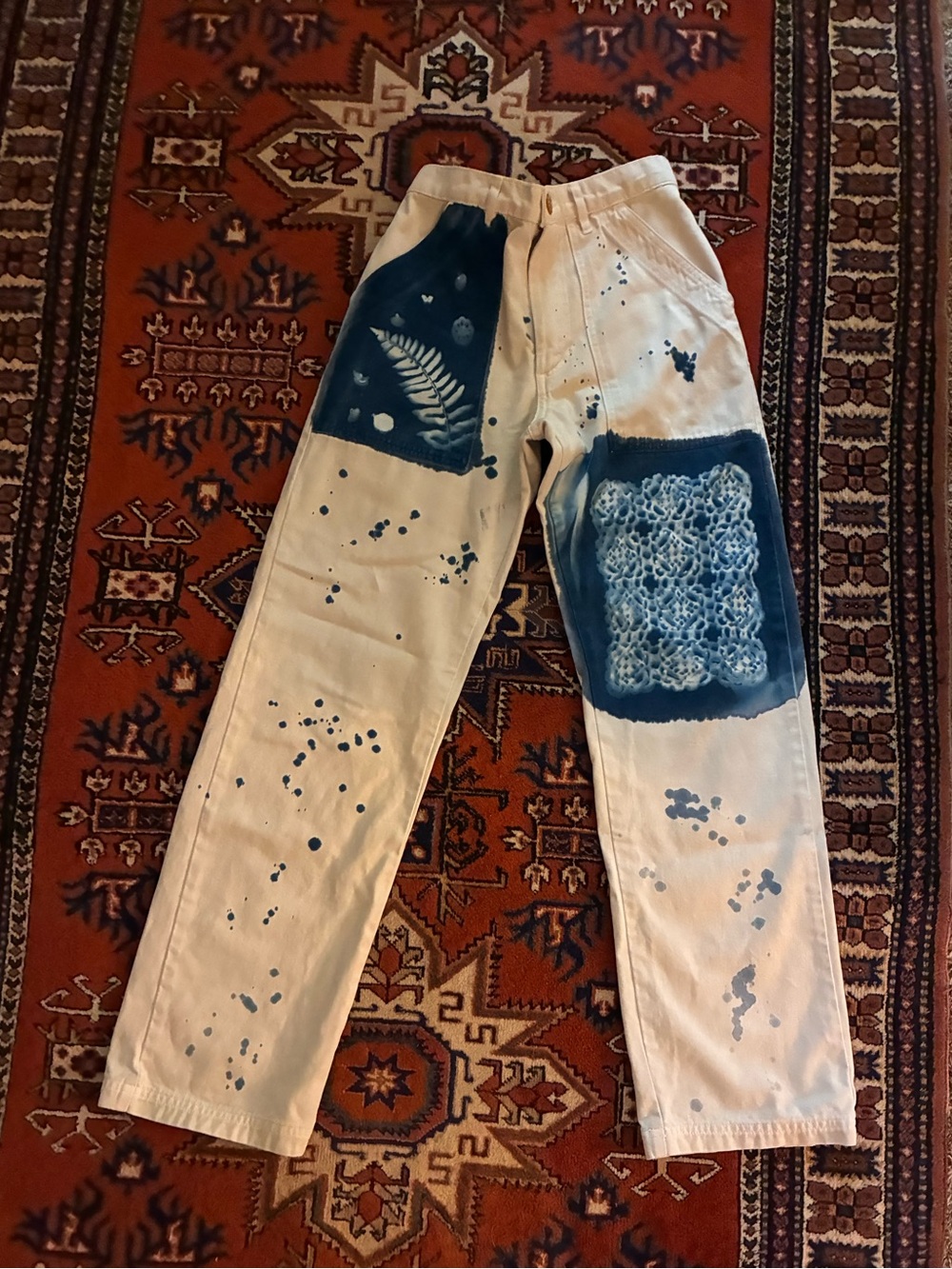 Big Bud Press Cream Wide-Leg Pants with Blue Cyanotype Patchwork